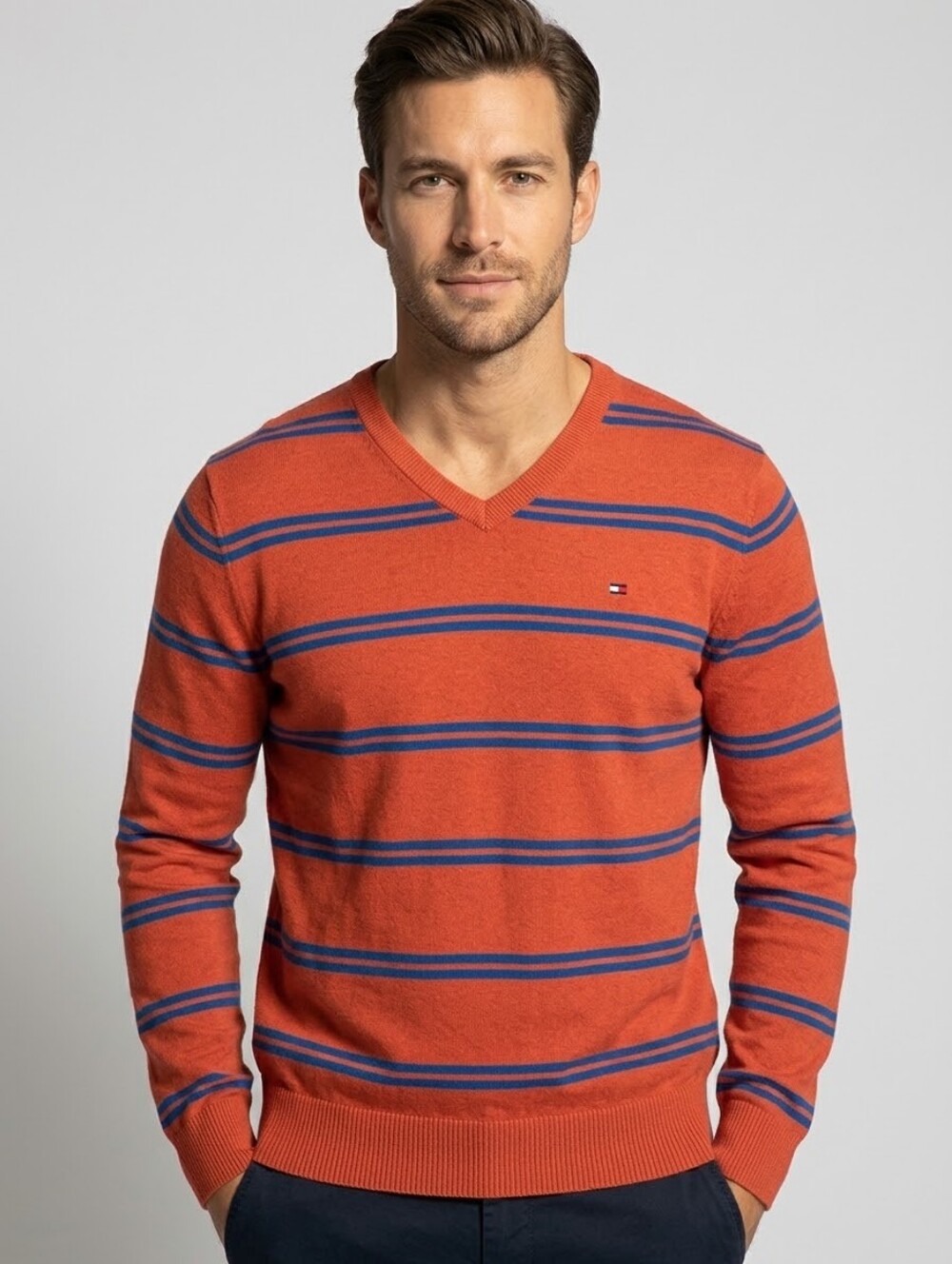 Tommy Hilfiger Men’s Orange V-Neck Stripe Sweater